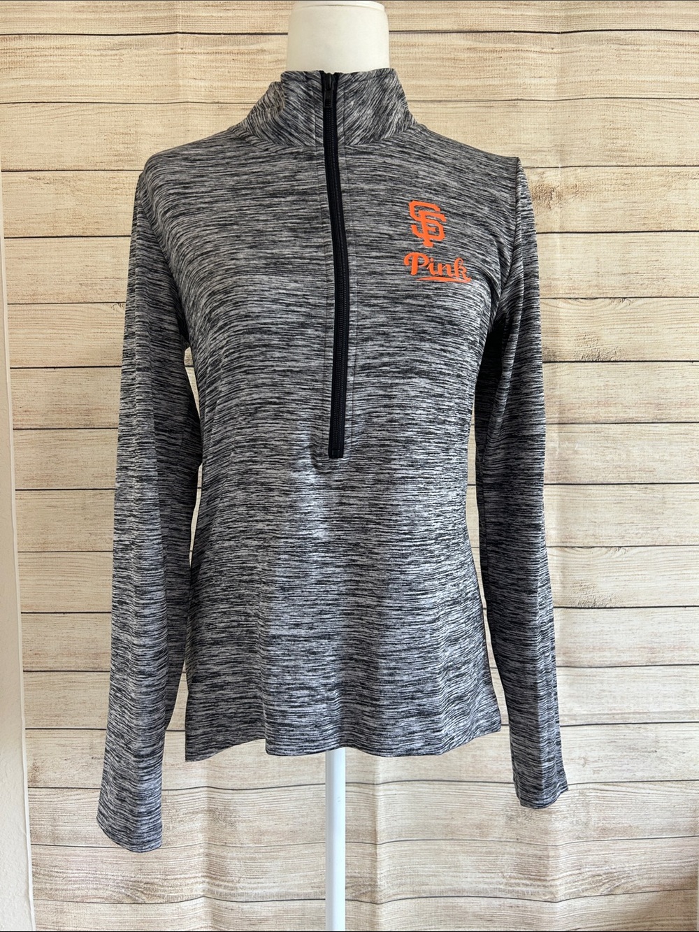 PINK Victoria's Secret Heathered Gray Half-Zip Pullover with Orange Logo